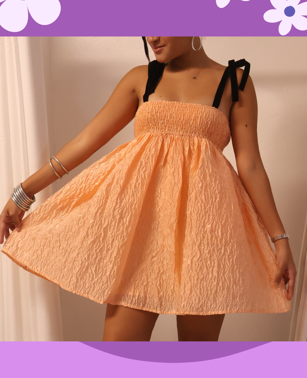 Peach Babydoll Dress with Bow Straps